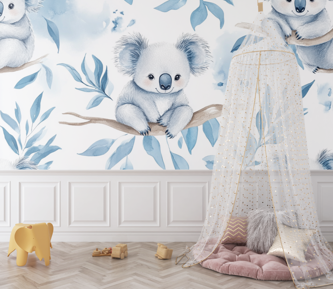 Papier peint koala entoure de plumes legeres bebe