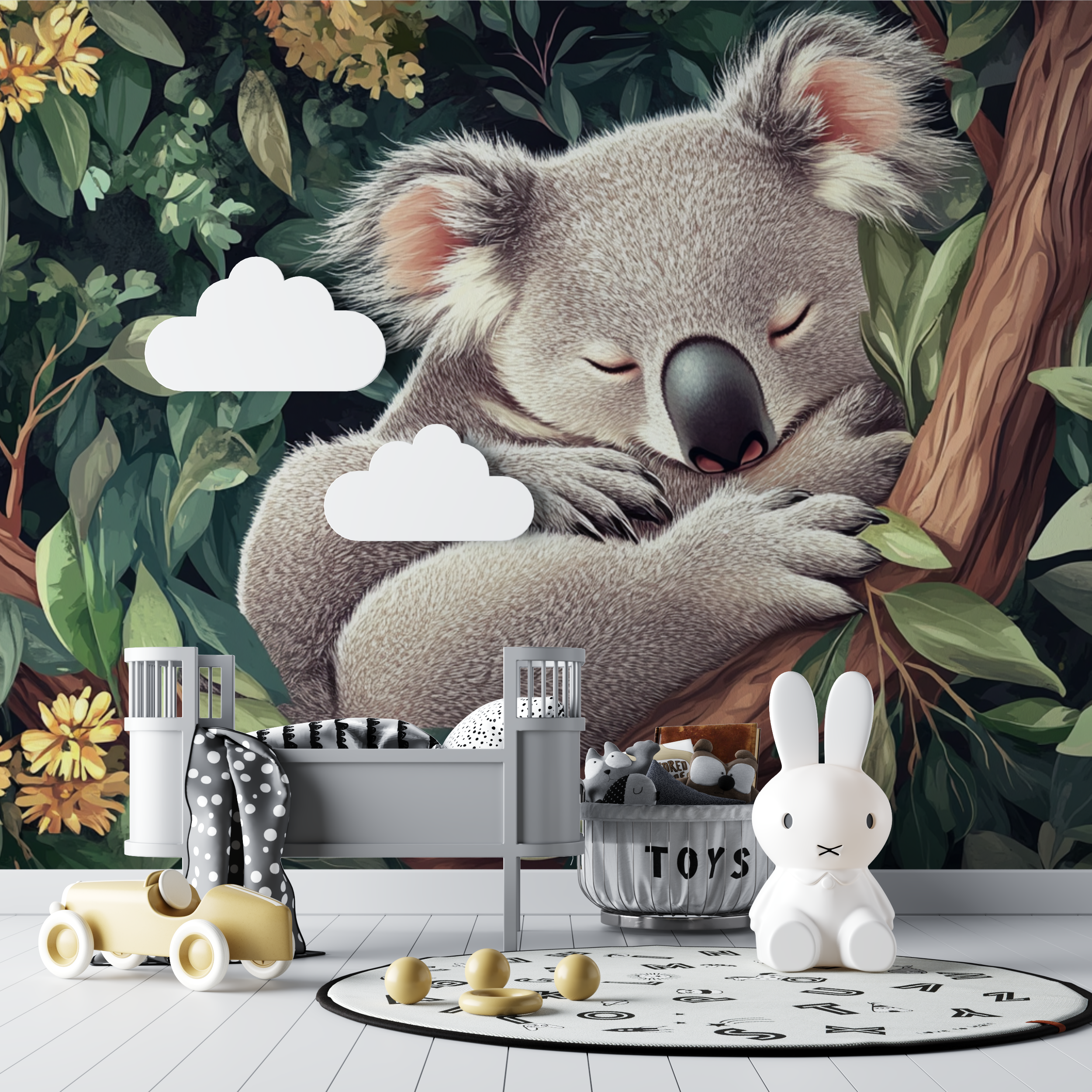 Papier peint koala dans un cocon de feuilles bebe tipi