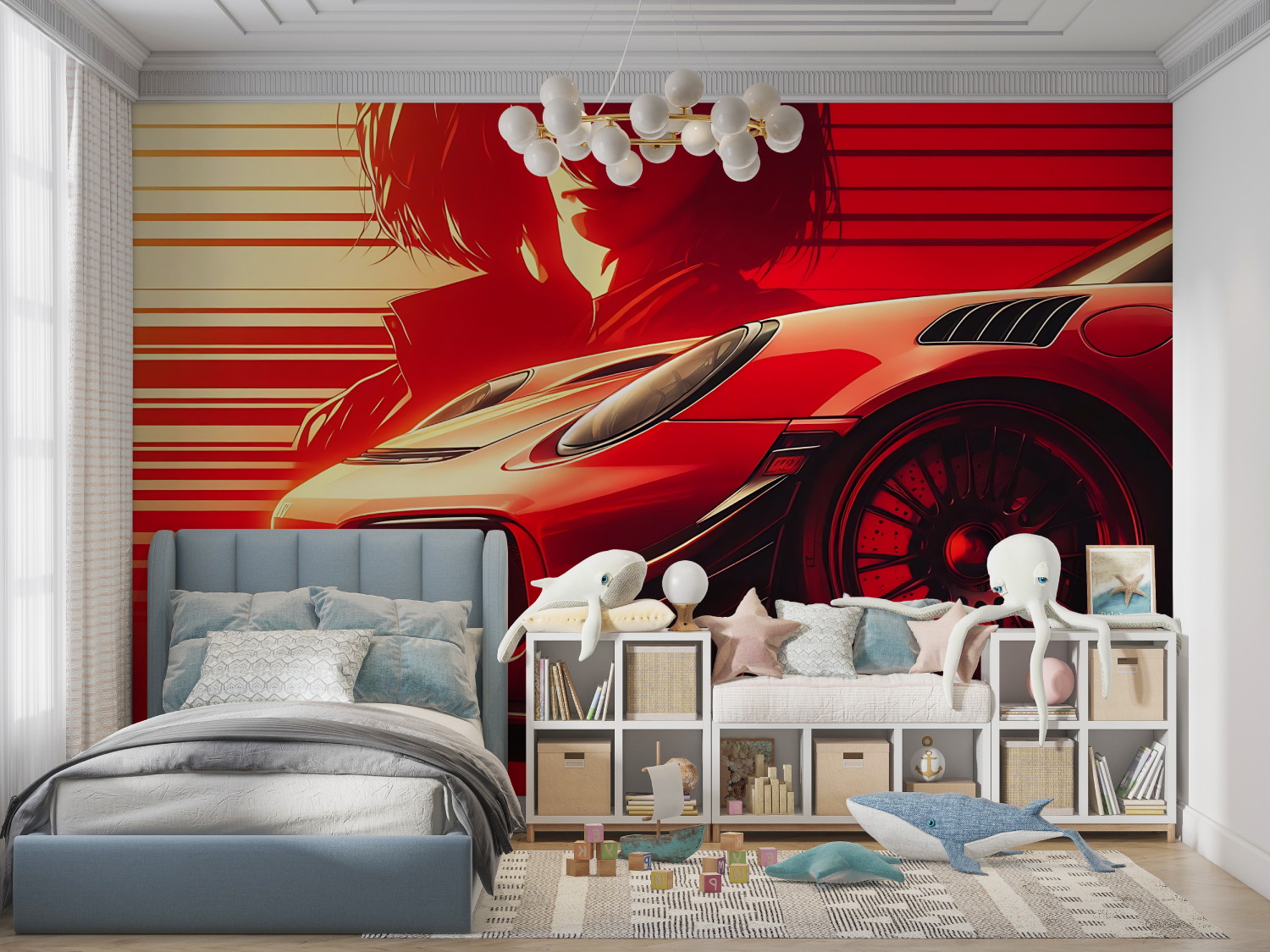Papier peint voiture de sport rouge panoramique garcon