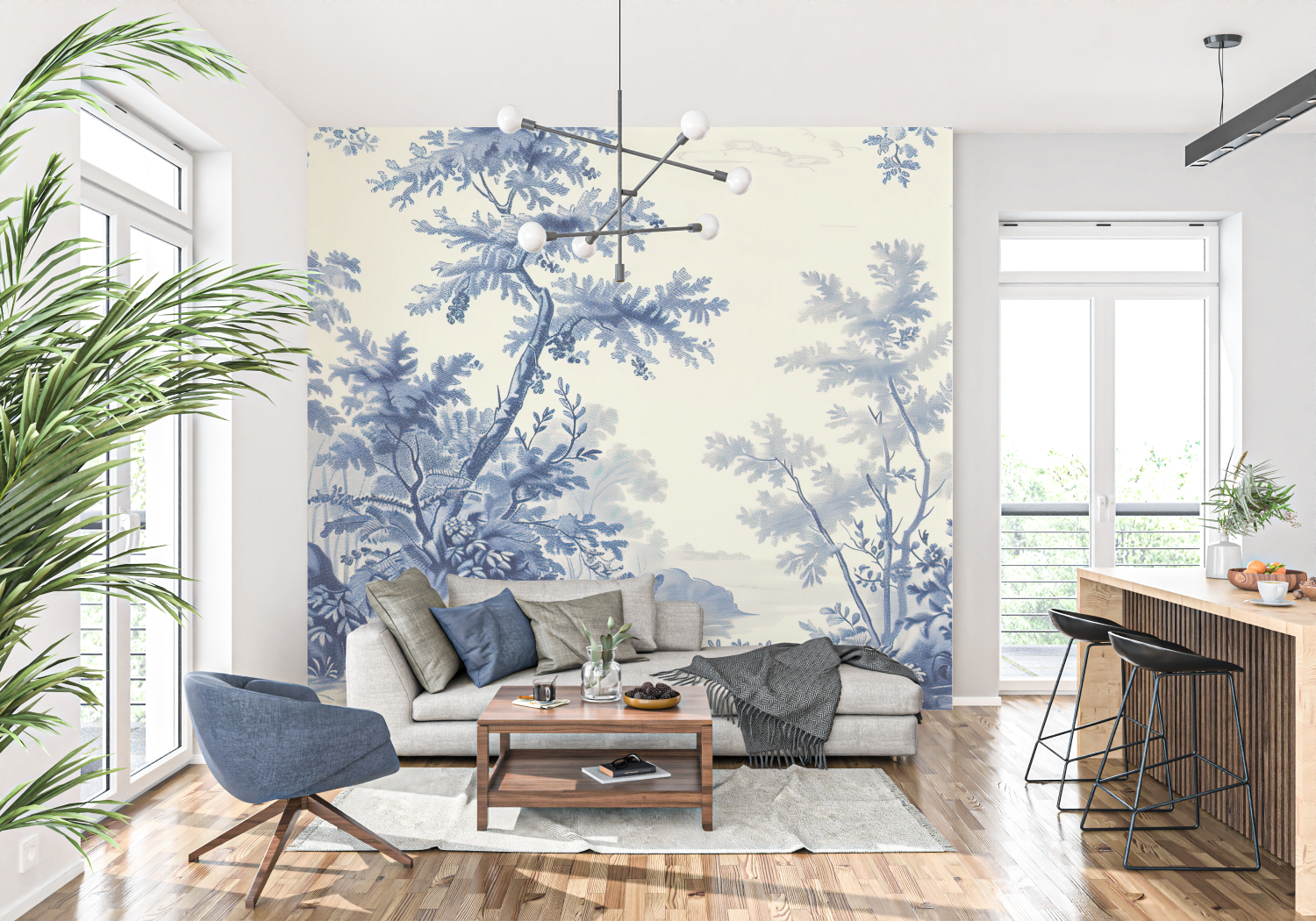 Papier Peint Jouy Bleu - tapisserie
