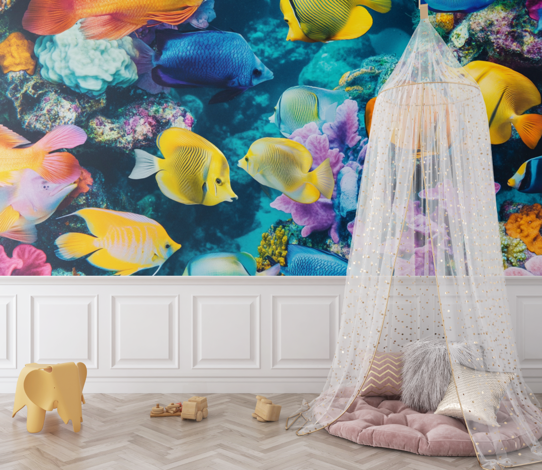 Papier peint marin decoration poissons tropicaux bebe