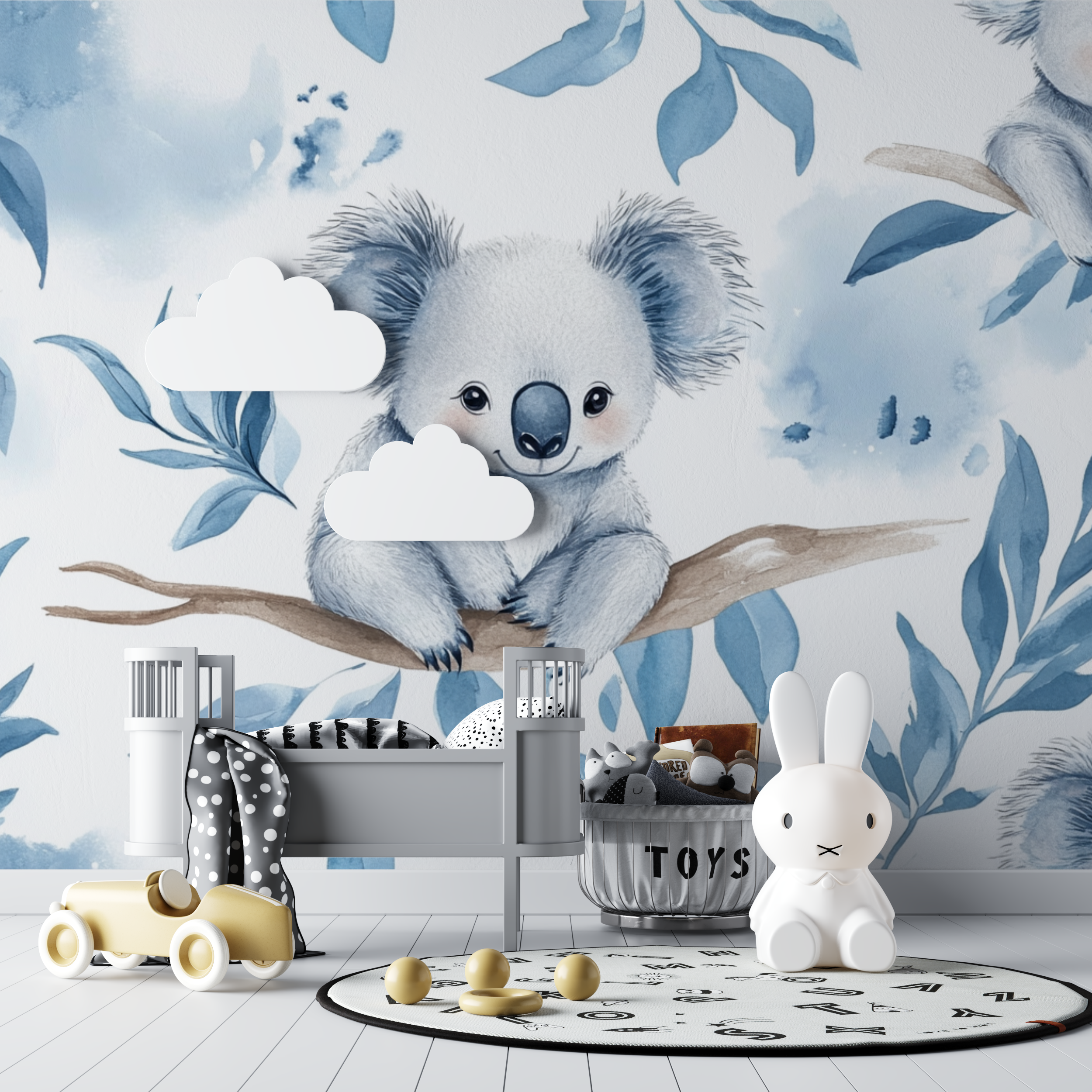 Papier peint koala entoure de plumes legeres bebe tipi