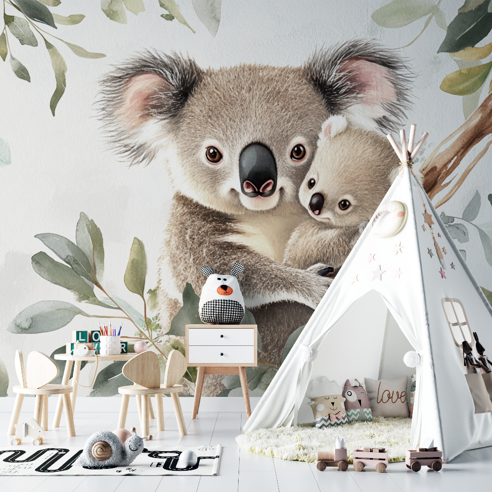 Papier peint koala blotti contre sa maman chambre bebe