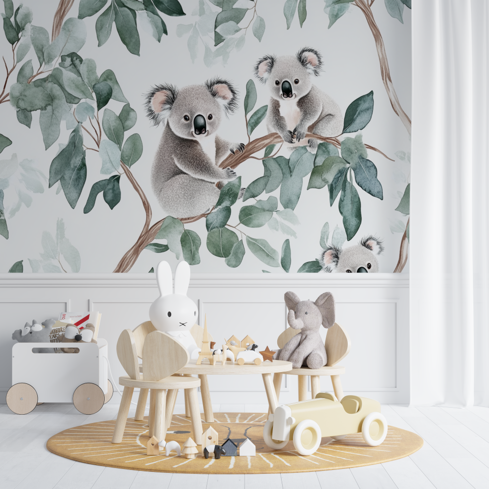 Papier peint koala et calins deucalyptus chambre de bebe