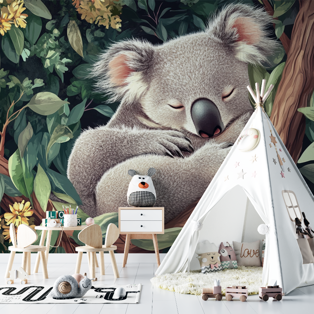 Papier peint koala dans un cocon de feuilles chambre bebe