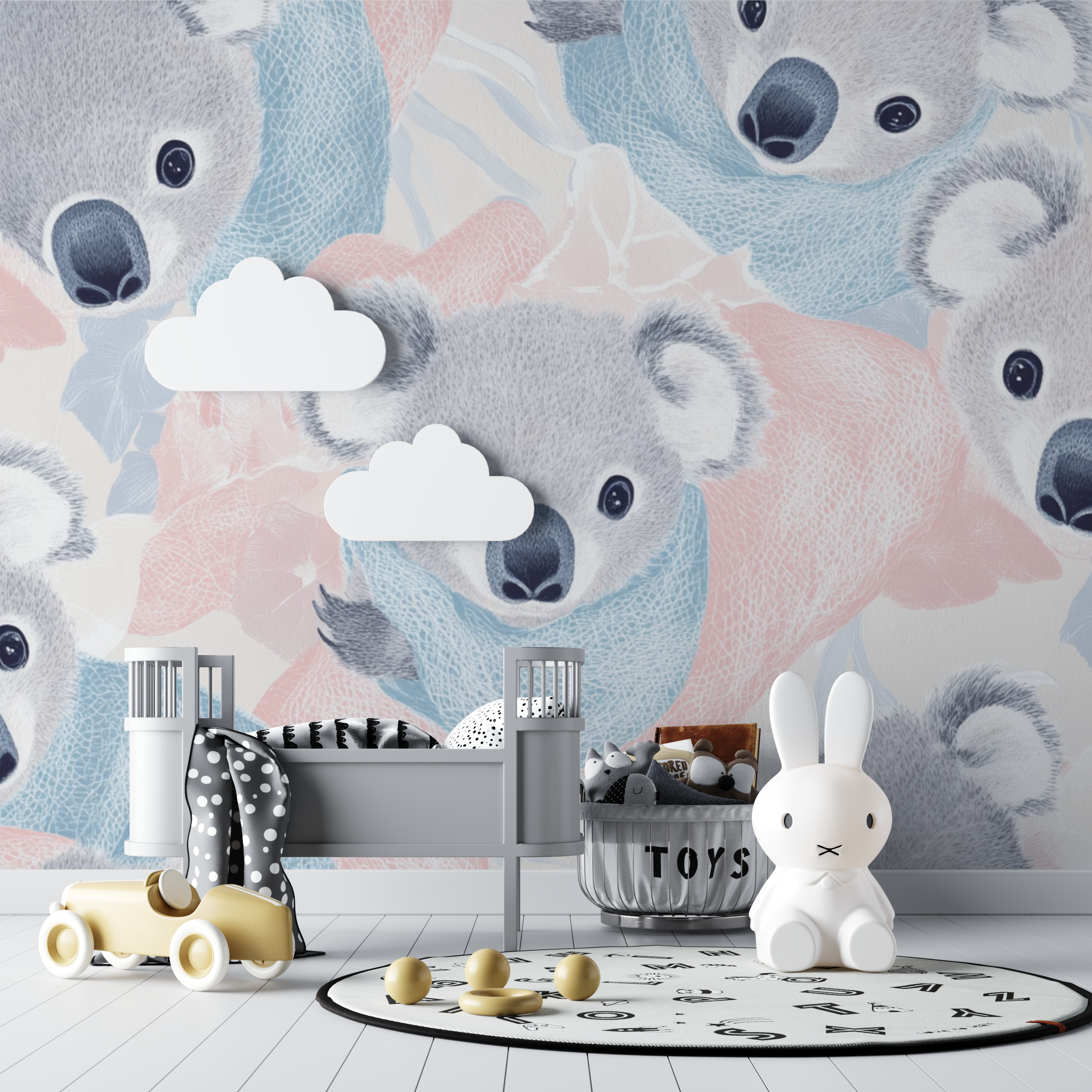 Papier peint koala et couverture tricotee bebe tipi