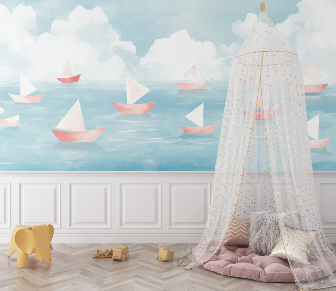 Papier peint marin bateaux en papier et ocean doux bebe