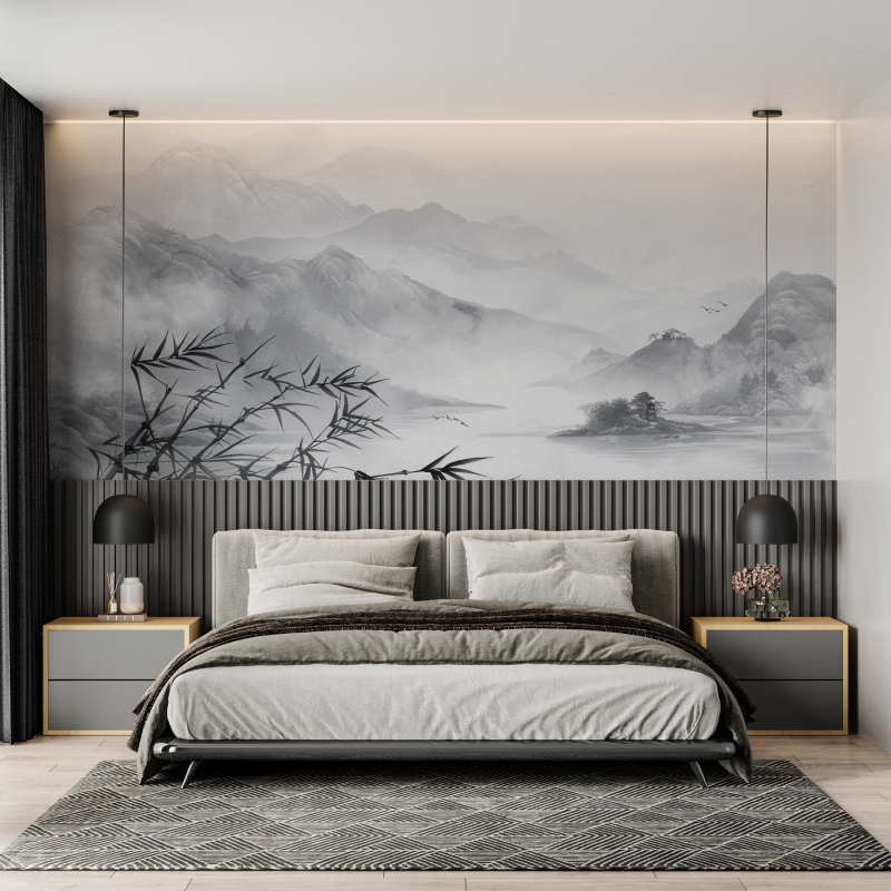 Papier peint montagne artistique annecy gris mural adulte