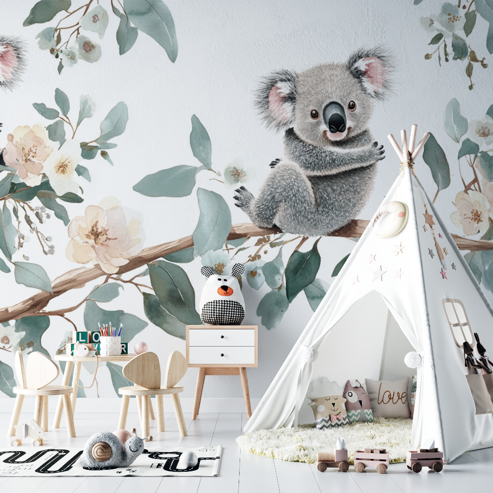 Papier peint koala dans un univers tout doux chambre bebe