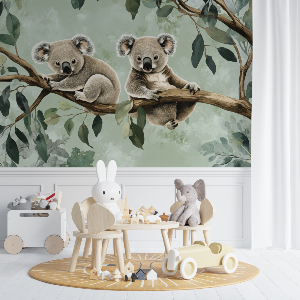 Papier peint koala et ombres vegetales chambre de bebe