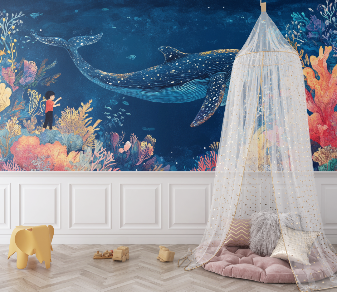 Papier peint baleine et tresor bebe