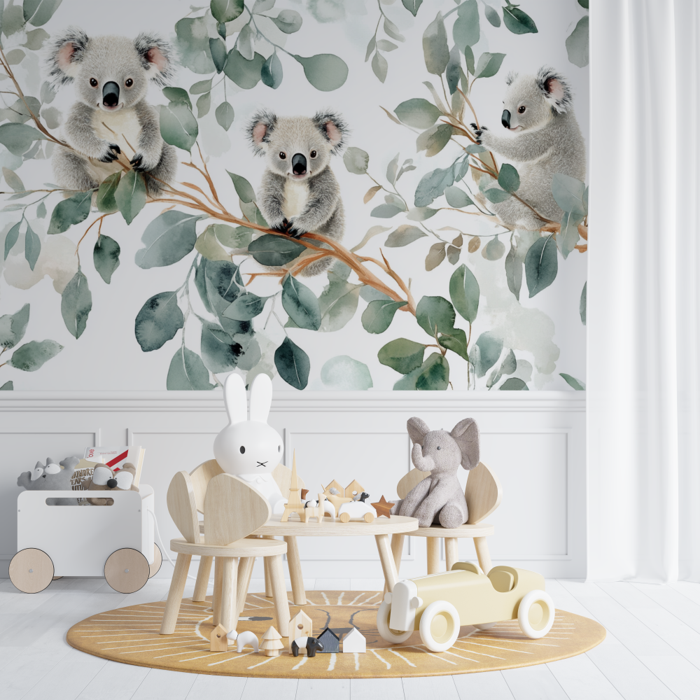 Papier peint koala et lumiere du matin chambre de bebe
