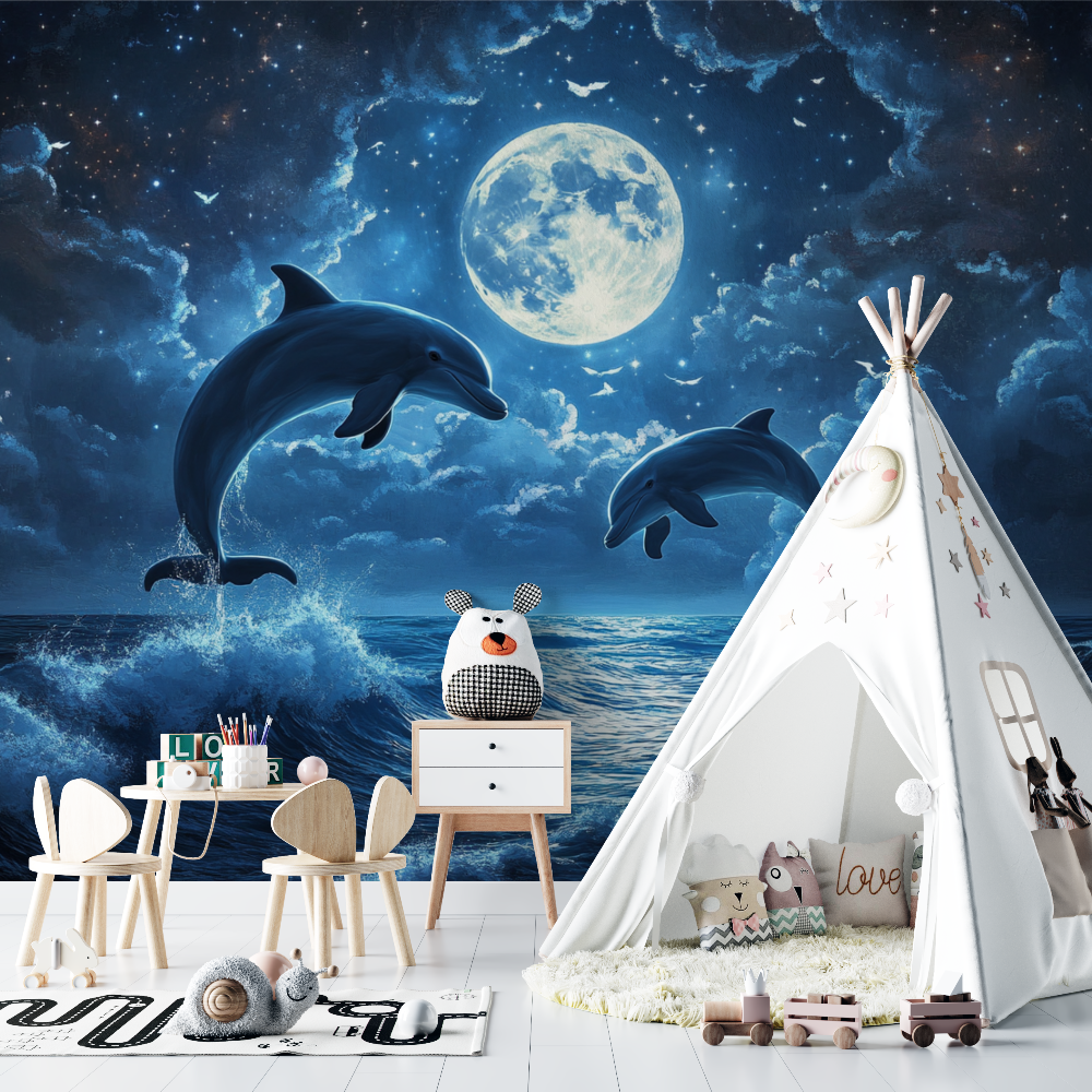 Papier peint marin dauphins et lune brillante chambre bebe