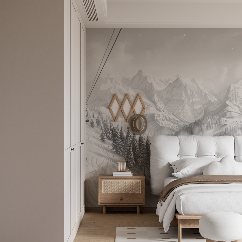 Papier peint montagne telecabine noir blanc mural