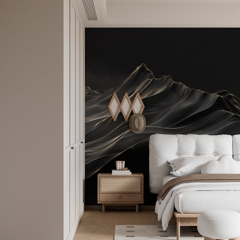 Papier peint intisse dore montagne noir et blanc brume mural