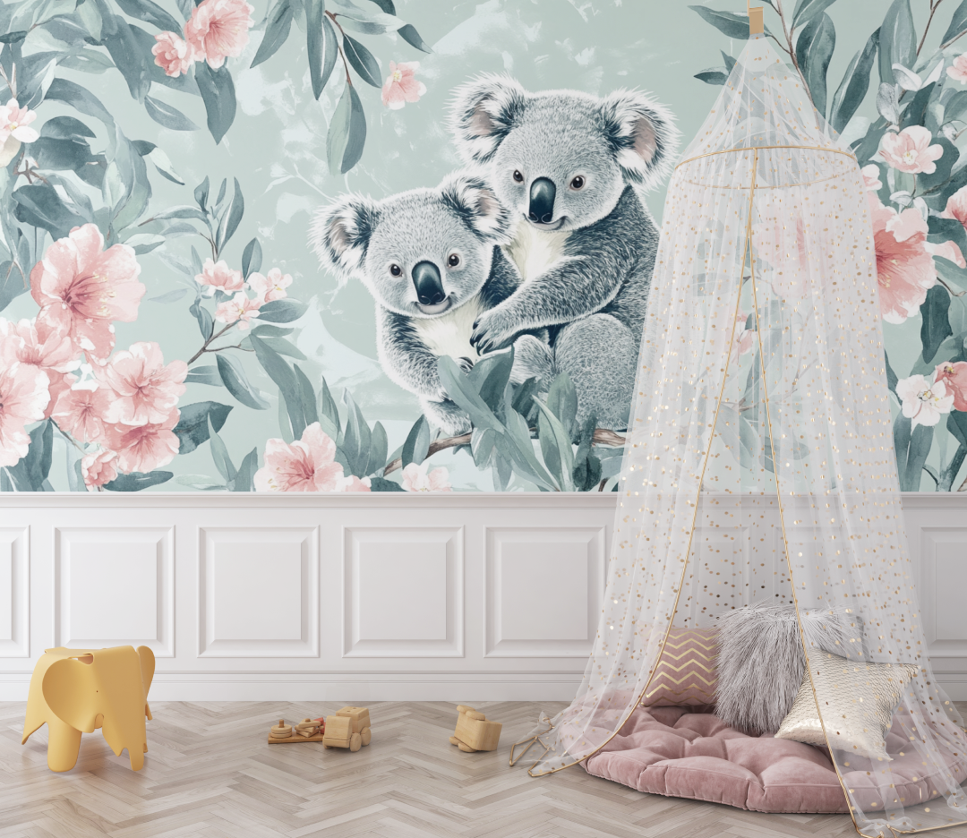 Papier peint koala et feuillage poudre bebe