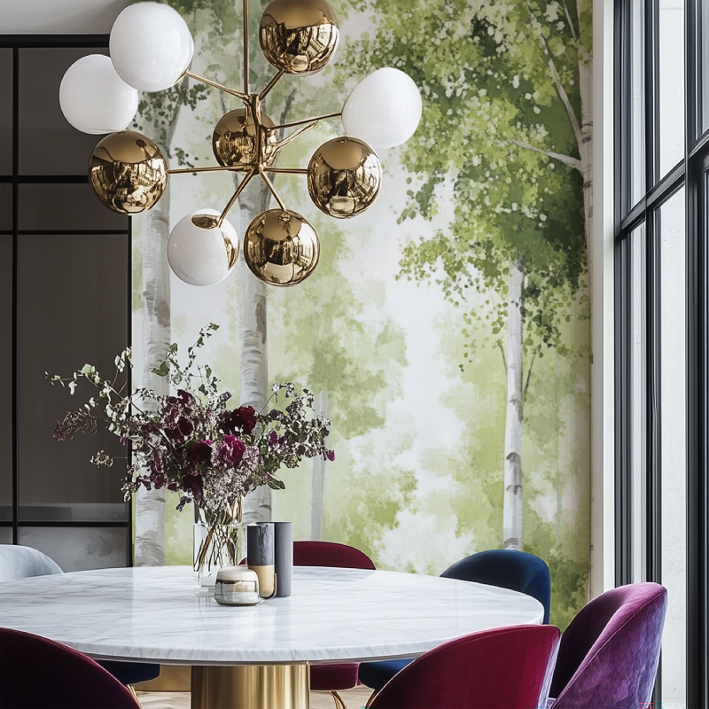 Papier peint arbre foret de bouleau salon chaise