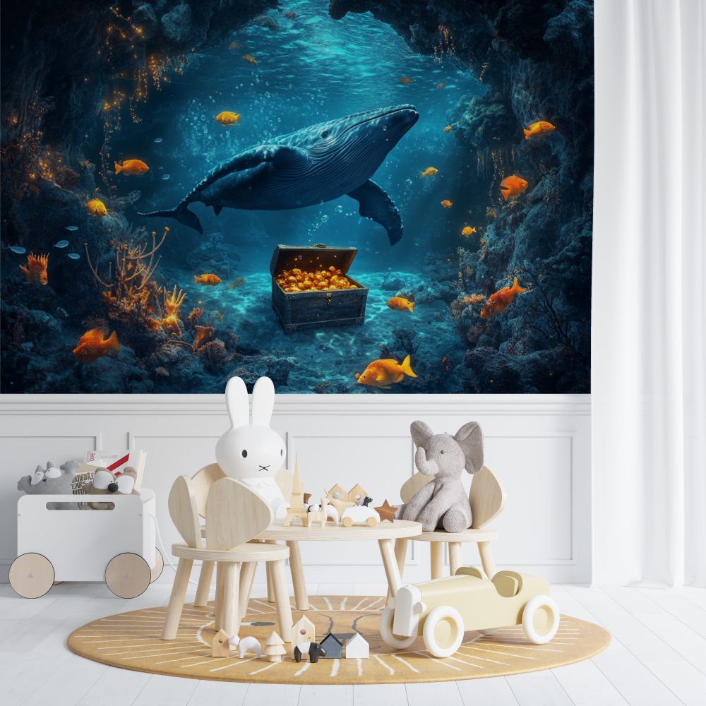 Papier peint marin baleine et tresor cache chambre de bebe