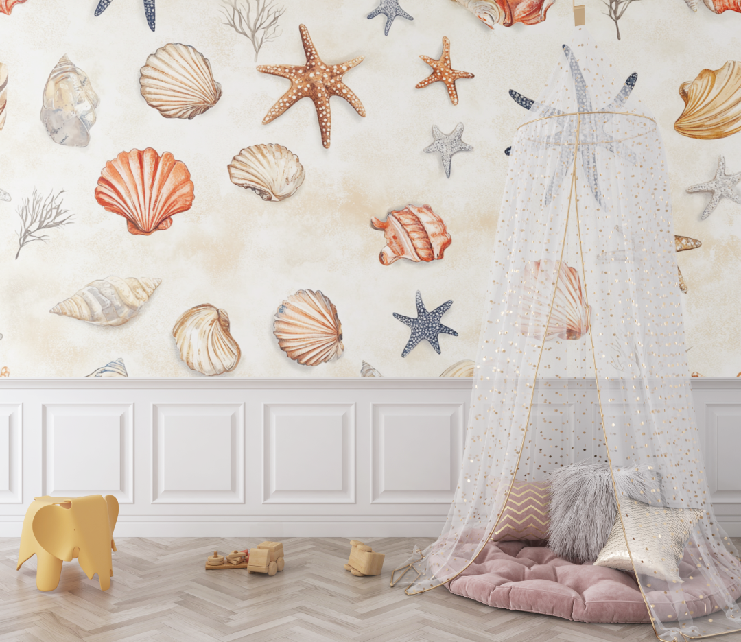 Papier peint marin tapisserie coquillages coraux bebe