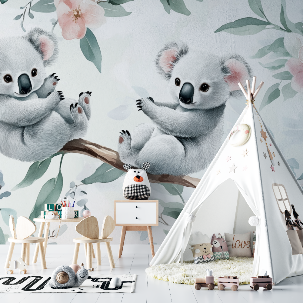 Papier peint koala et gouttes de lait chambre bebe