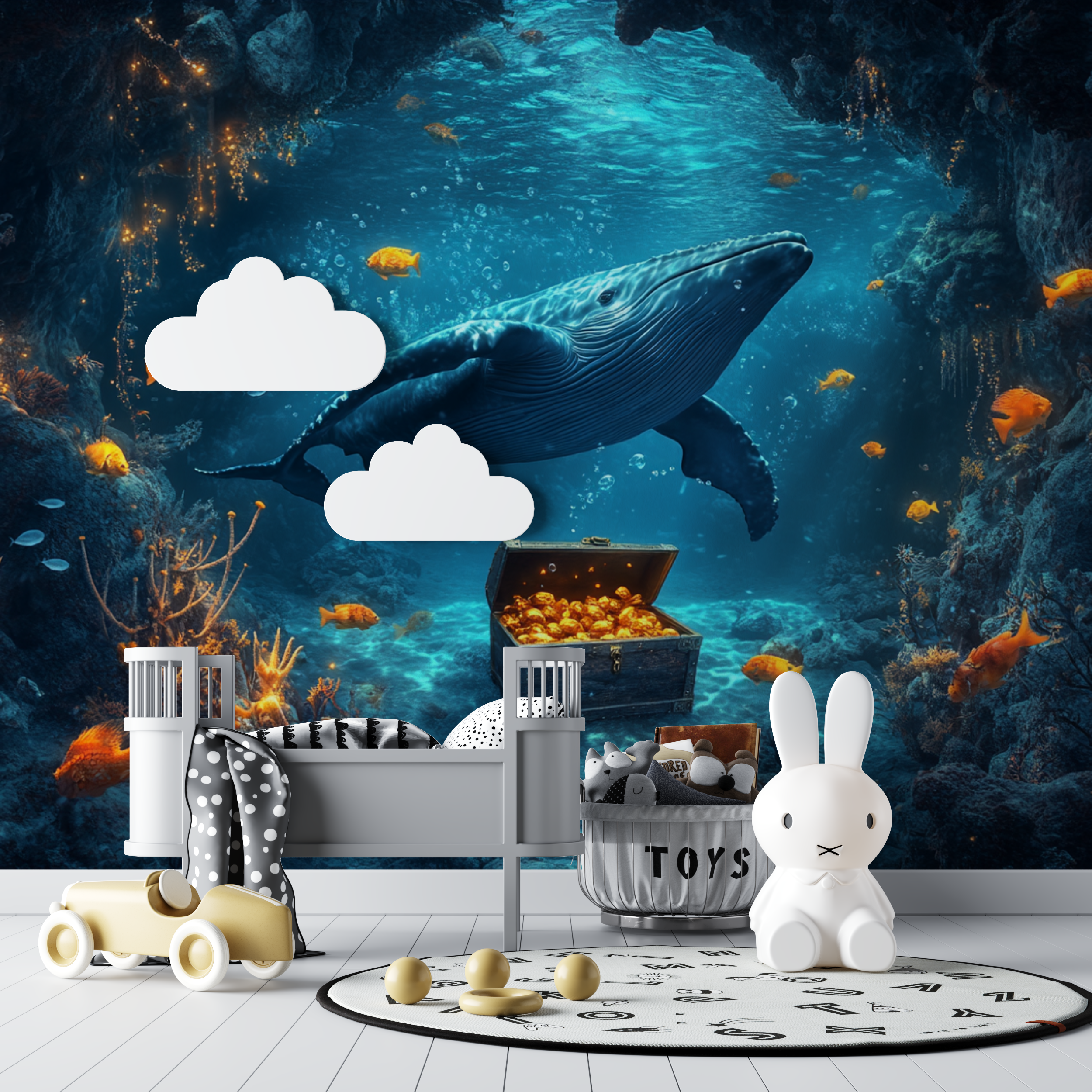 Papier peint marin baleine et tresor cache bebe tipi