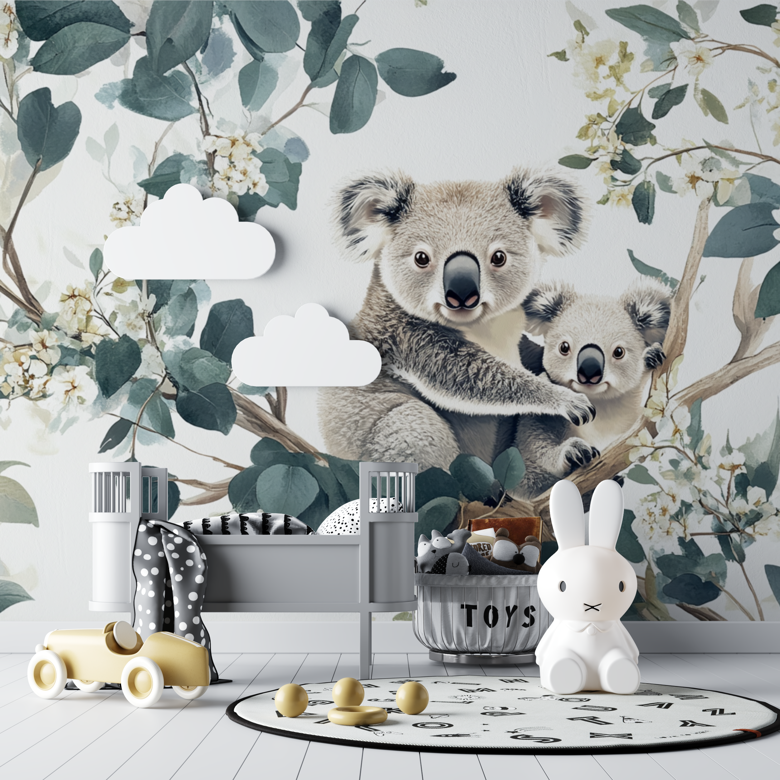 Papier peint koala dans une foret laiteuse bebe tipi