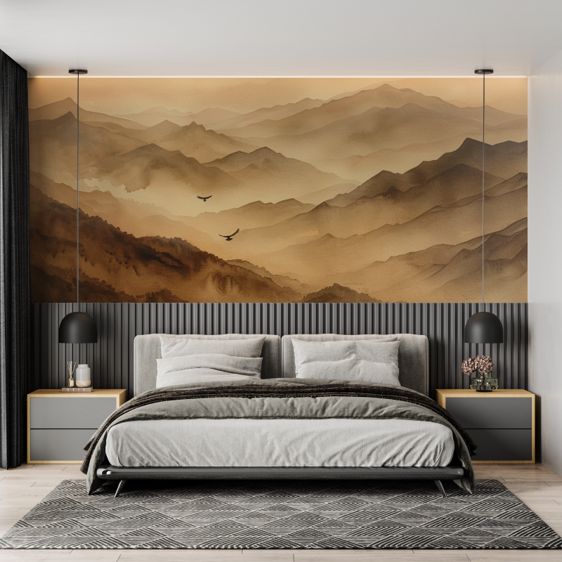 Papier peint montagne dans brume terracotta mural adulte
