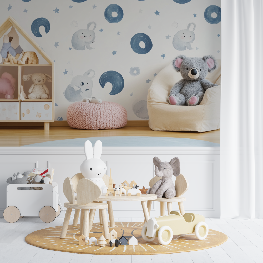 Papier peint koala pastel et arc lunaire chambre de bebe