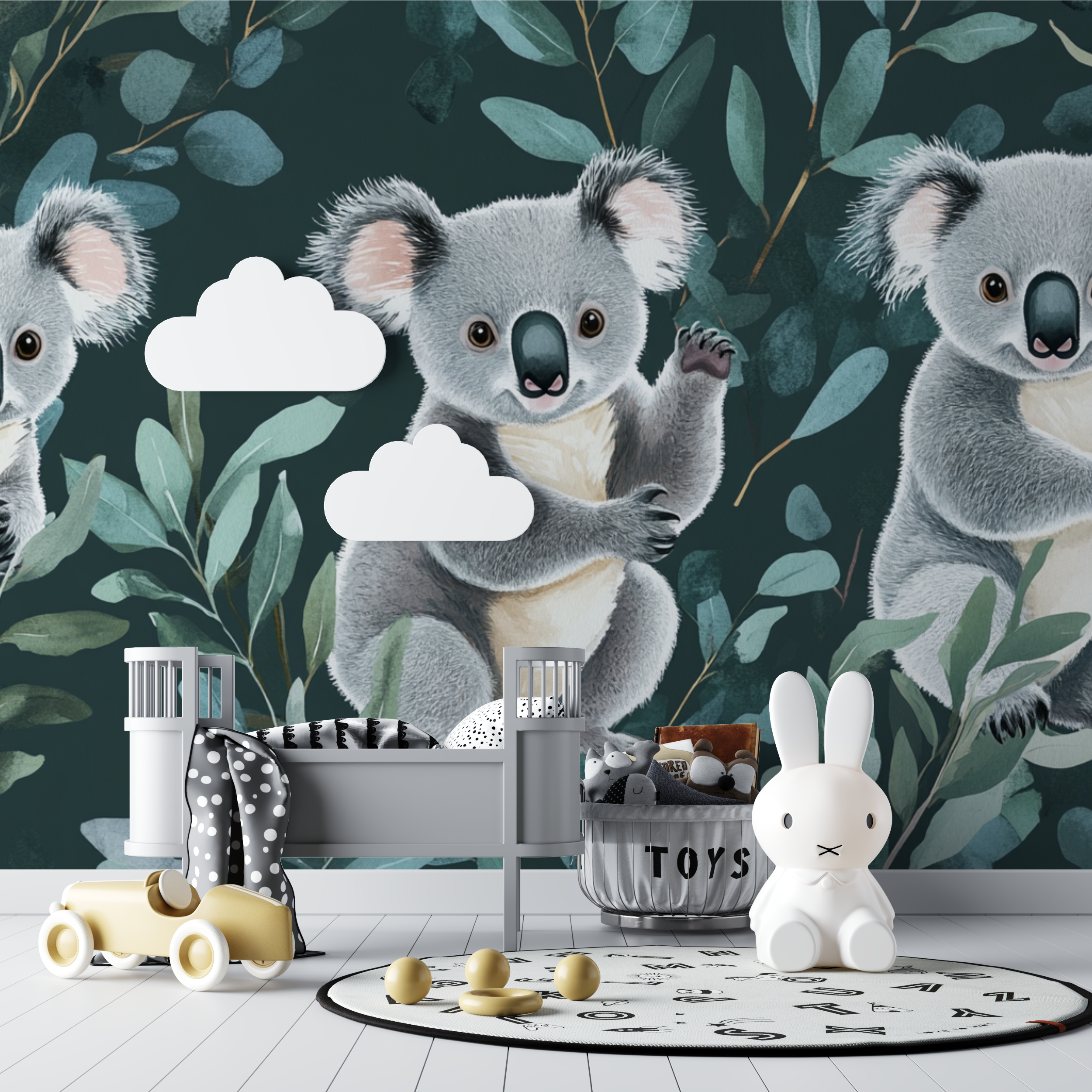 Papier peint koala dans une danse de feuilles bebe tipi