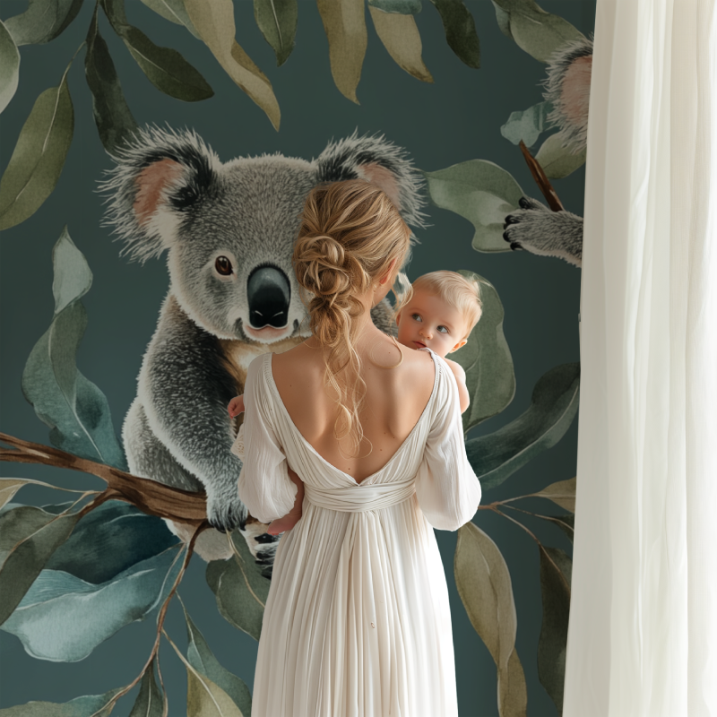 Papier peint koala et feuilles en apesanteur bb123