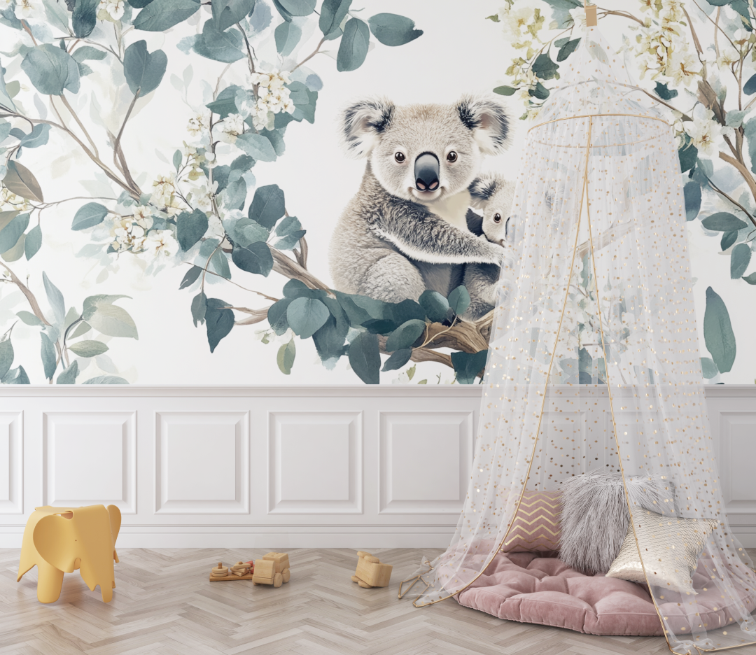 Papier peint koala dans une foret laiteuse bebe