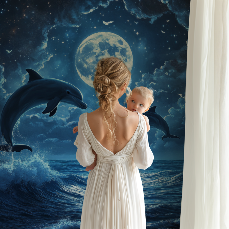 Papier peint marin dauphins et lune brillante bb123