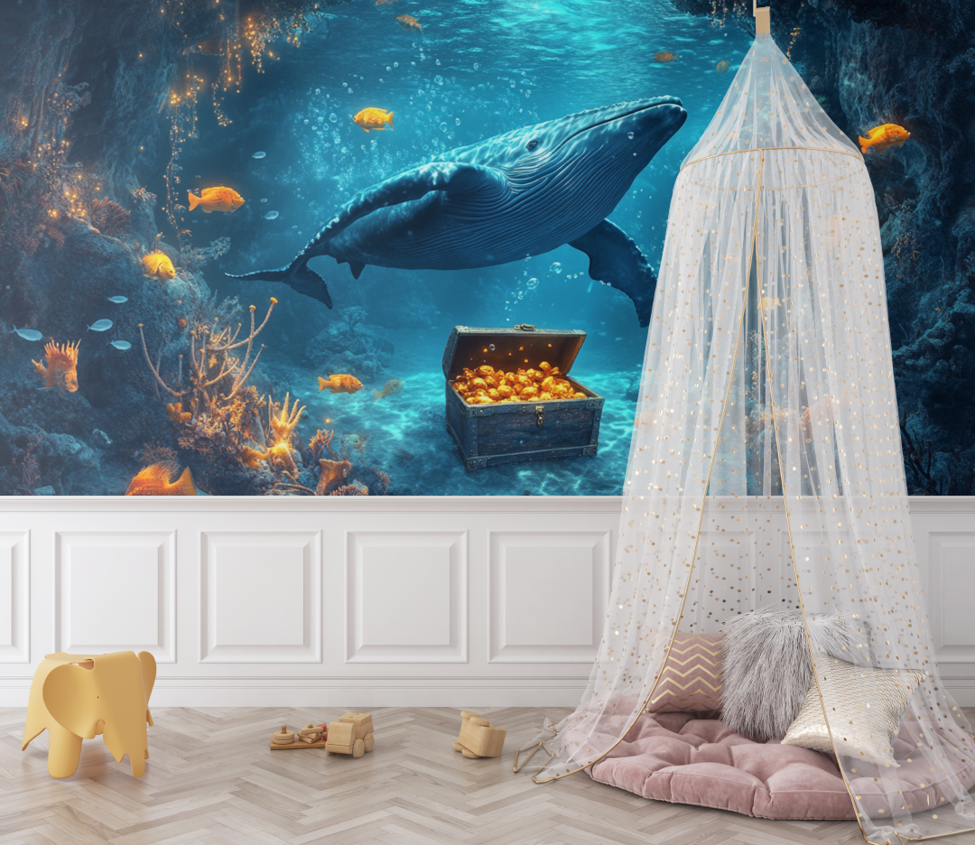 Papier peint marin baleine et tresor cache bebe