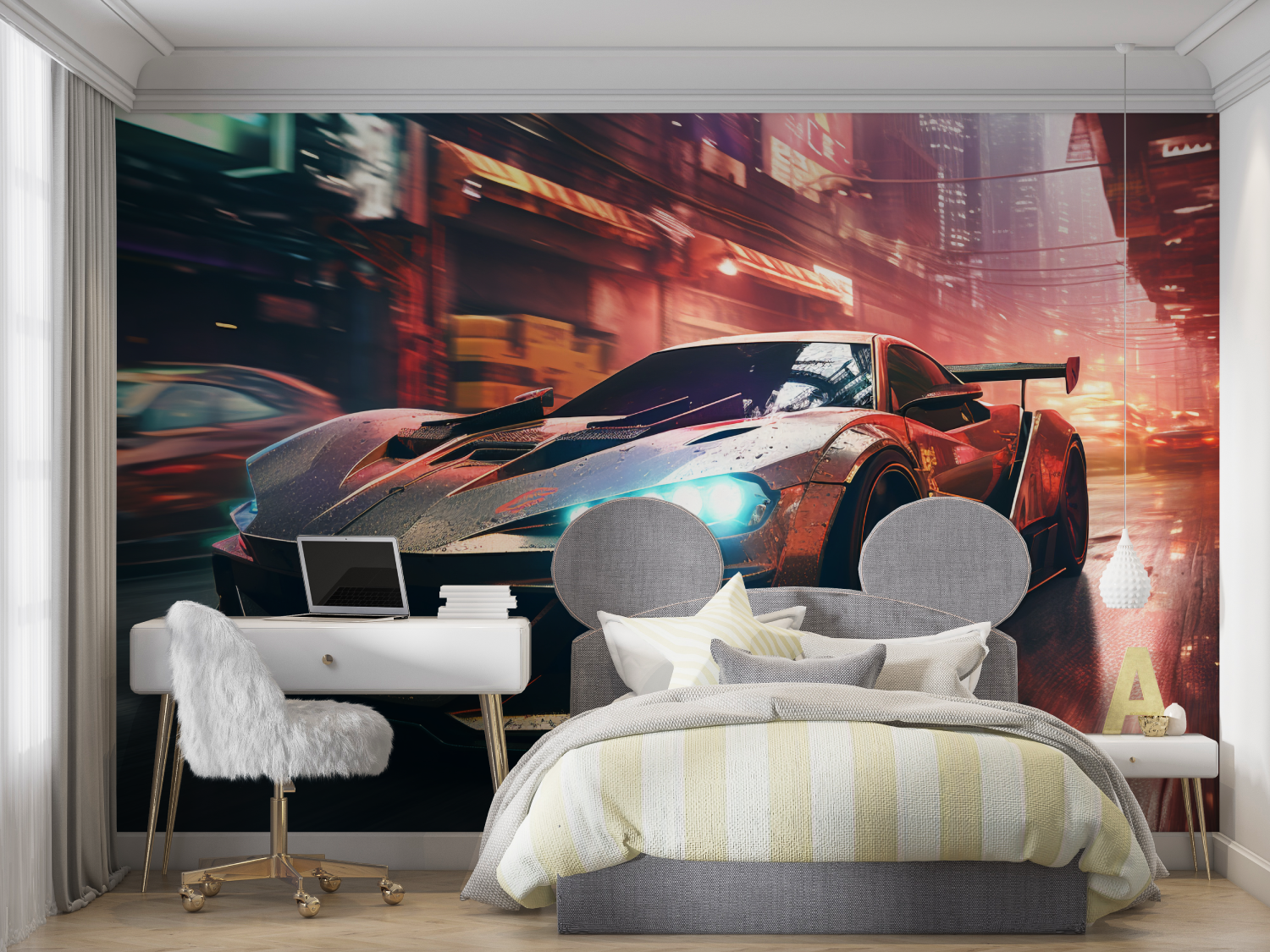 Papier peint voiture de course neon mur chambre panoramique