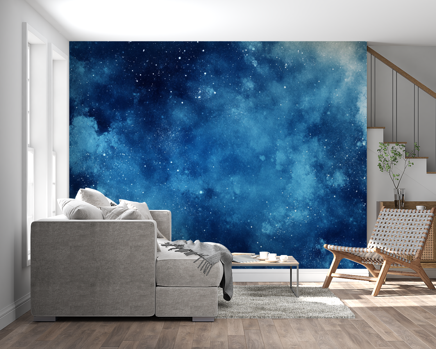 Papier peint aquarelle nuit etoilee panoramique mural