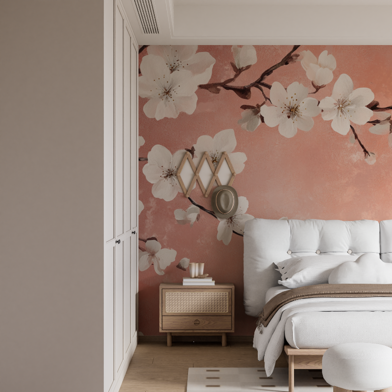 Papier peint terracotta avec fleurs de cerisier mural
