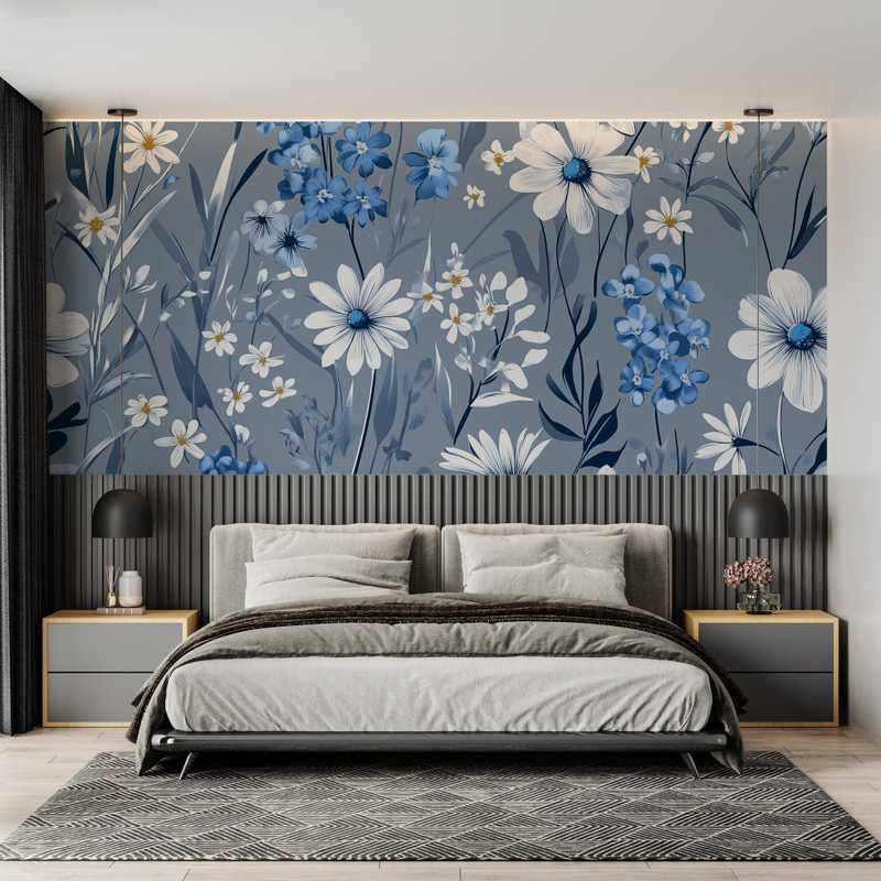 Papier Peint Bleu Fleurs Blanches - tendance 2024