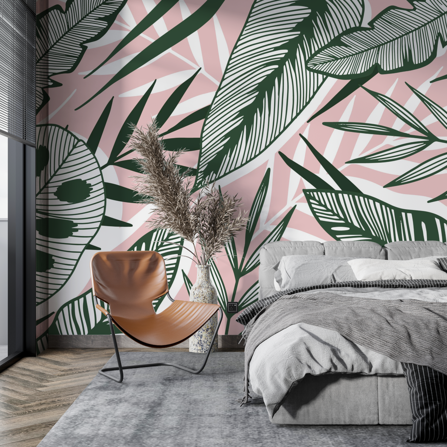 Papier Peint Jungle Vert Et Rose - mur cuisine