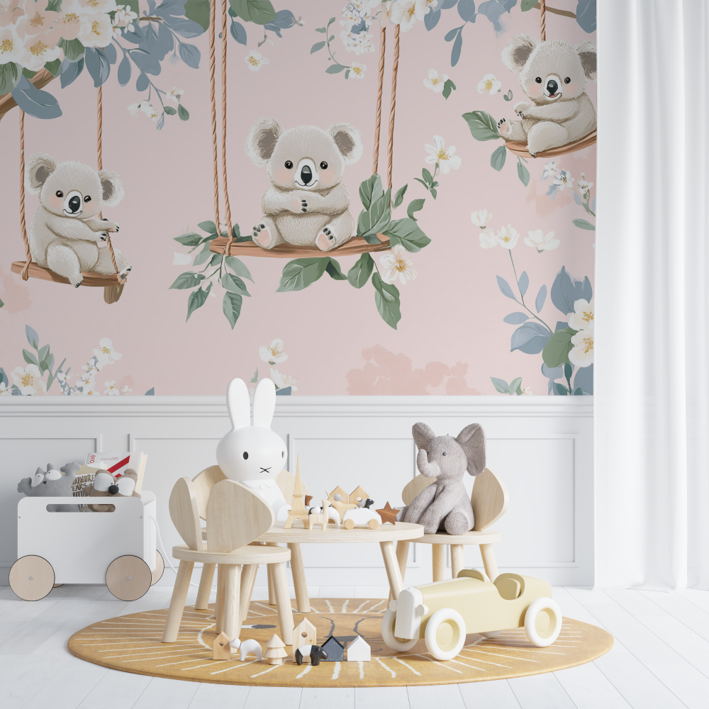 Papier peint koala sur une bala...re florale chambre de bebe