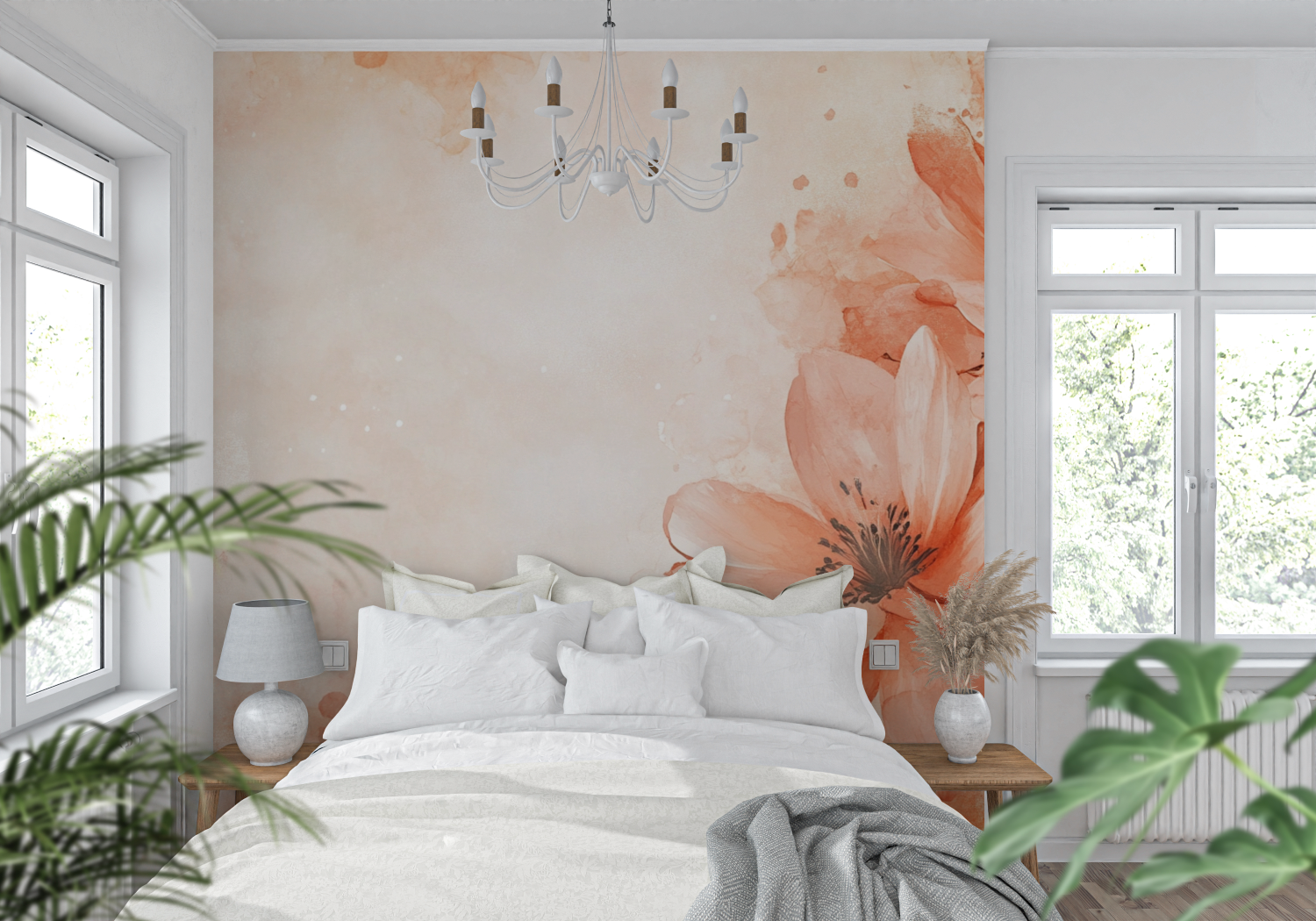 Papier peint terracotta floral aquarelle tendance mur