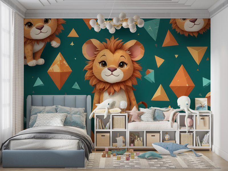 Papier Peint Enfant Lionceau Vert - chambre petit