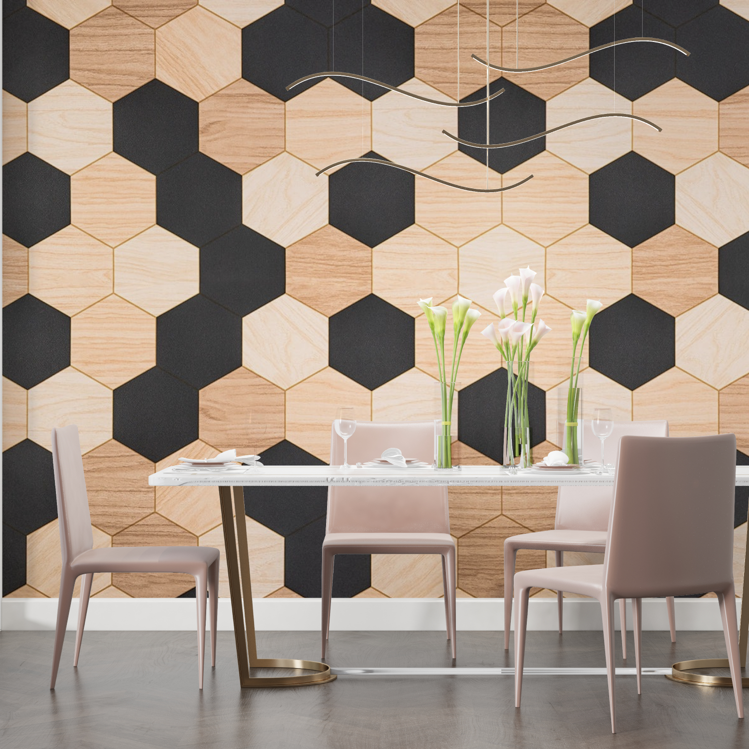 Papier Peint Hexagone Noir Et Bois - chambre adulte