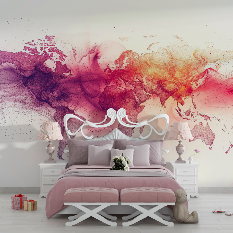 Papier peint carte du monde aquarelle rose chambre filles