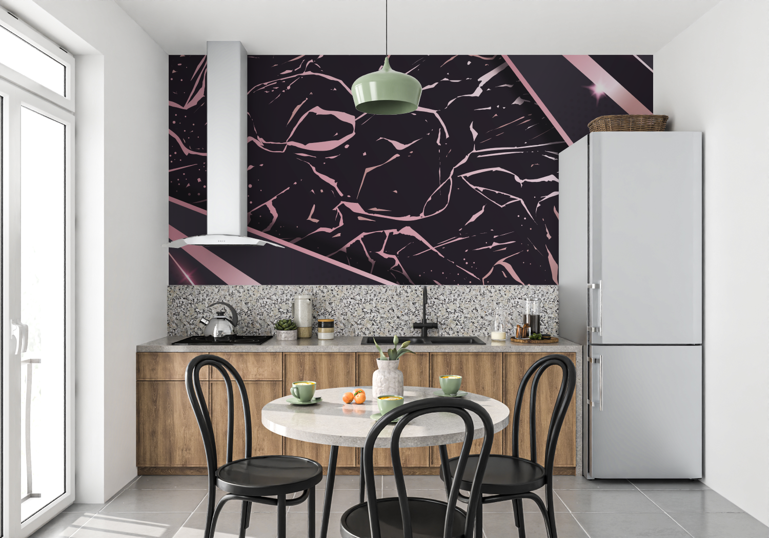 Papier Peint Rose Et Noir - mur cuisine