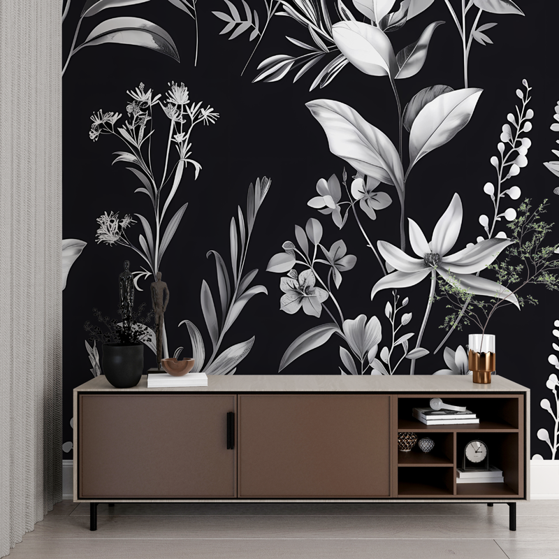 Papier Peint Fleuri Noir - mur