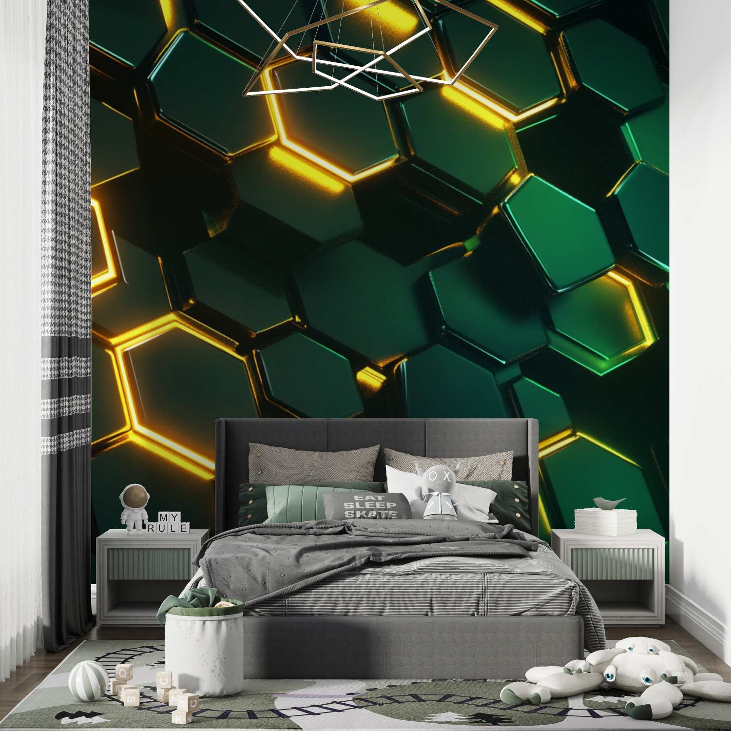 Papier peint hexagones neon vert chambre de garcon