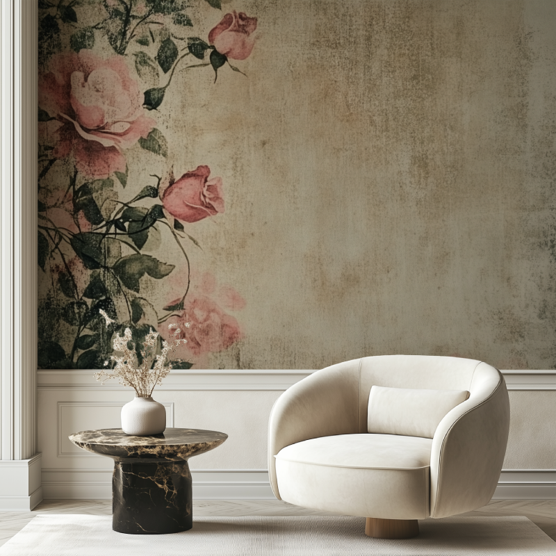 Papier peint vintage fleur rose chaise tendance