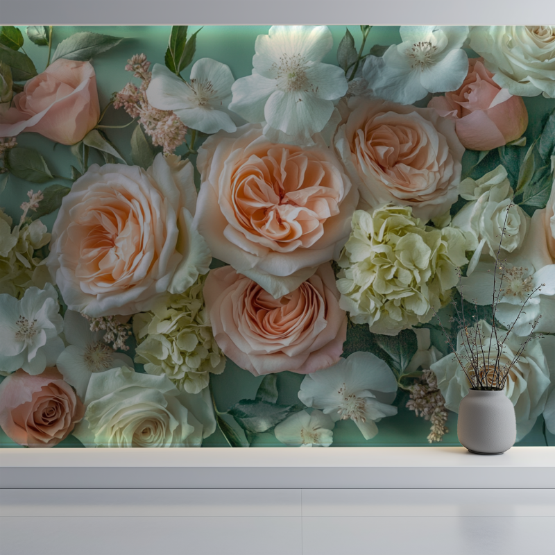 Papier peint fleuri vintage vert mur blanc