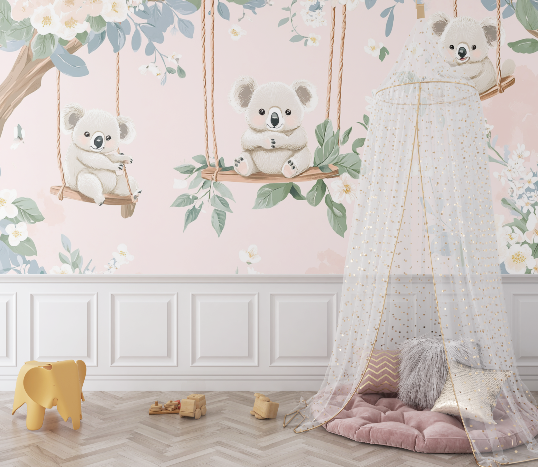 Papier peint koala sur une balancoire florale bebe