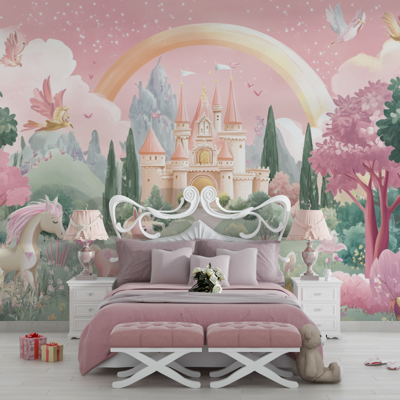Papier peint princesse royaume et arc en ciel chambre filles